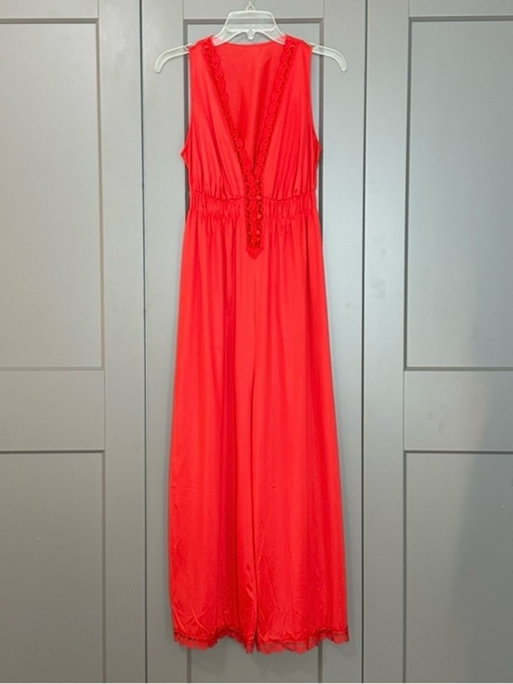 Vintage 1970s Wideleg Jumpsuit Nightgown Deep-V Lace Trim Red Women’s Size Small